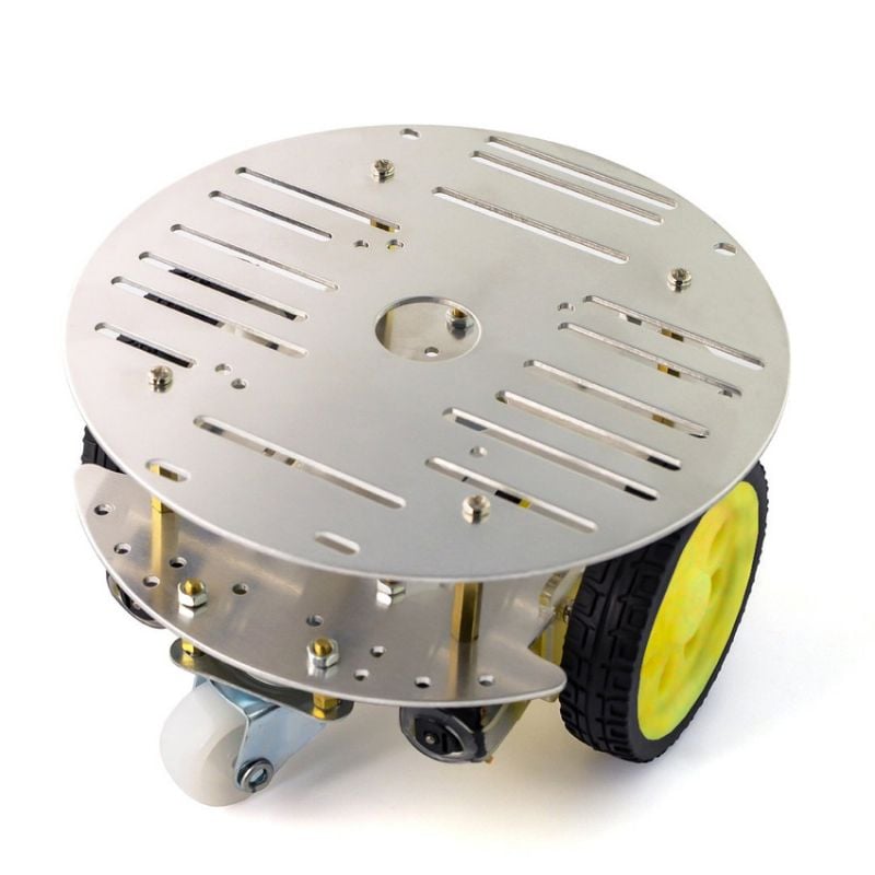 Rundt metallchassis for 2WD-robot med to hjul, motorer og styrehjul