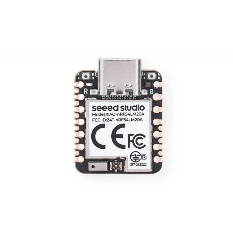 Seeedstudio XIAO nRF54LM20A Sense utviklingskort sett ovenfra med USB-C-kontakt og komponentmerking