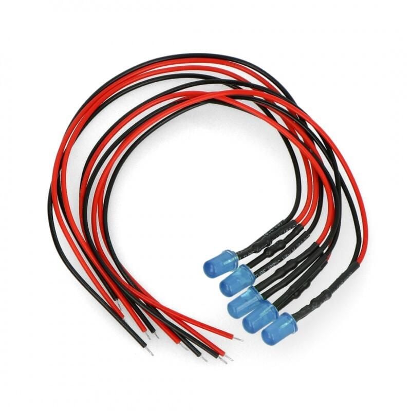 Blå 5mm LED for 12V med motstand og ledning, 5 stk.