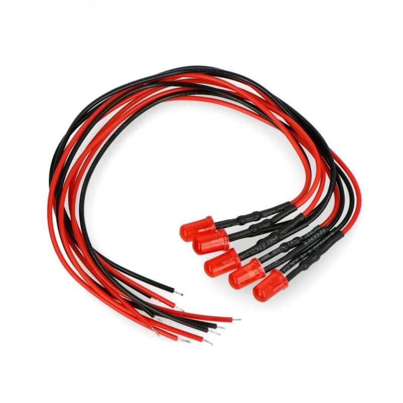 Ferdig rød LED-diode med ledning for 12V - 5 stk.