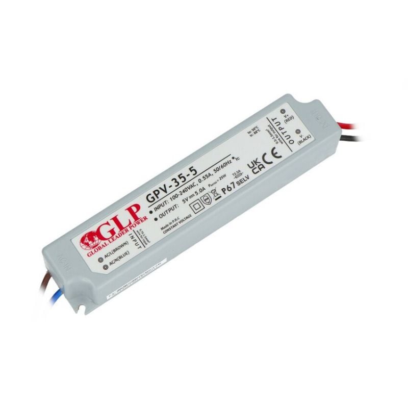 Vanntett strømforsyning 5V 5A 25W, IP67, universell for LED og elektronikk