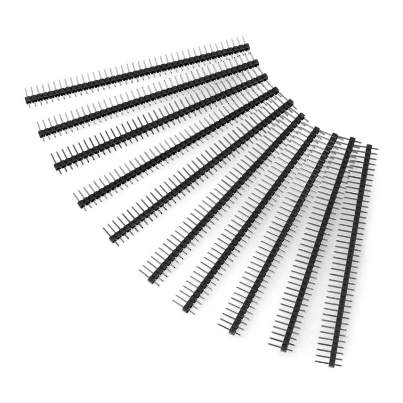 Svarte rette hannstiftlister med 2,54 mm deling, vist i flere lengder