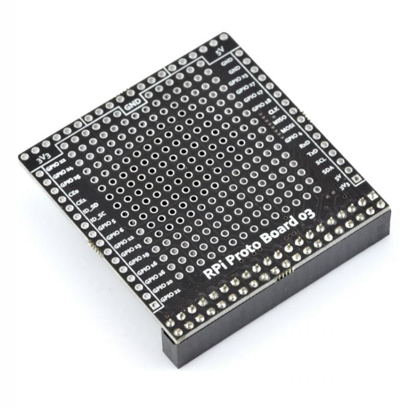 THT-prototypekort med 40-pinners GPIO for Raspberry Pi, vist alene med loddepunkter og GPIO-merking