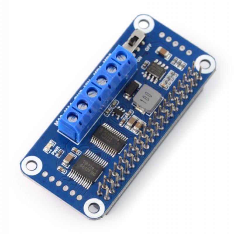Tokanals DC-motorstyring med blått kretskort, skruterminaler og kontaktrekke for Raspberry Pi