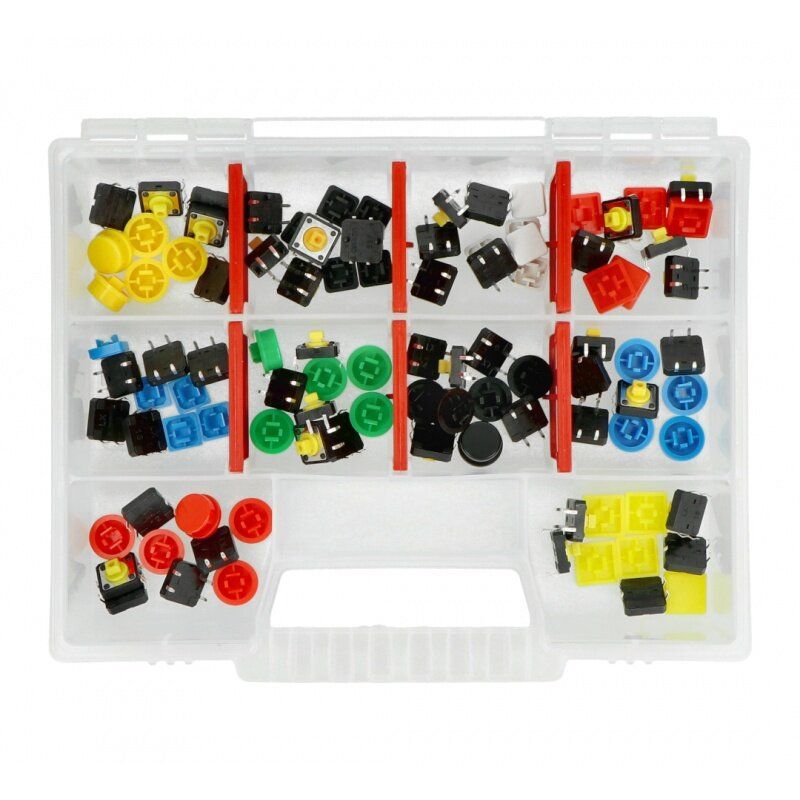 Sett med 50 trykkbrytere 12x12mm, fargerike hetter, praktisk organizer
