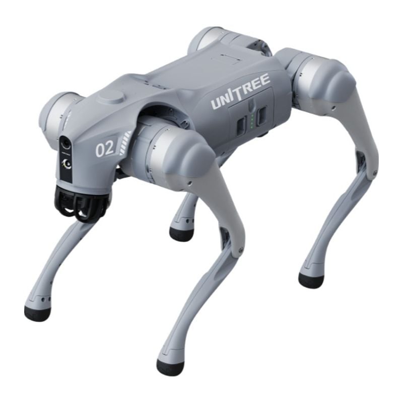 Unitree Go2 Air AI-robothund sett skrått forfra på hvit bakgrunn