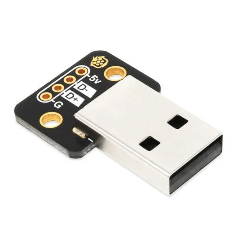 USB-A-breakoutmodul med horisontal hannkontakt og tilkoblingspunkter merket 5V, D−, D+ og G