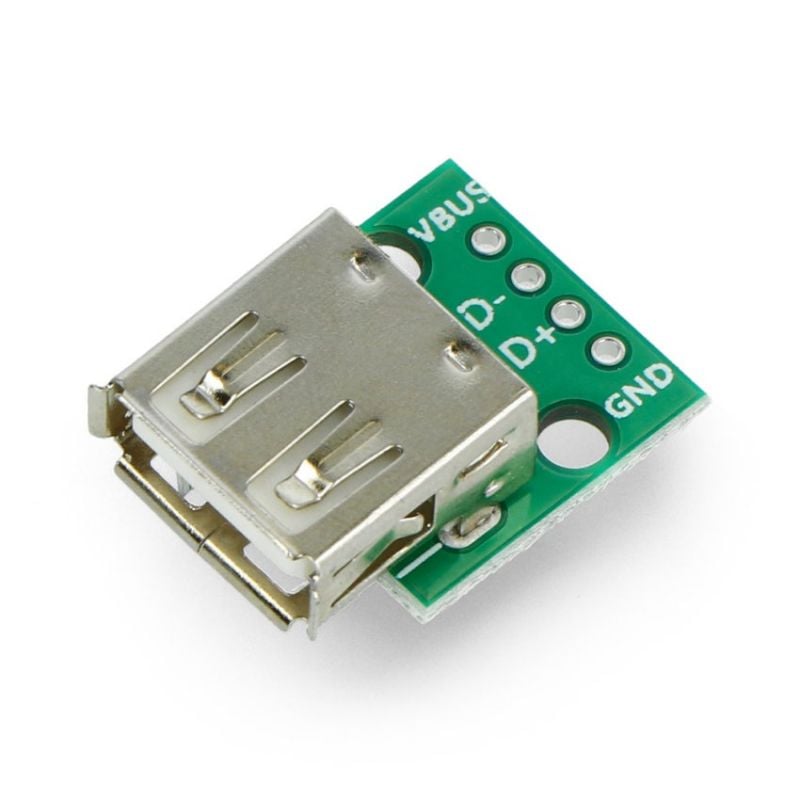 USB-A-kontaktmodul med synlig USB-kontakt og merking for VBUS, D-, D+ og GND