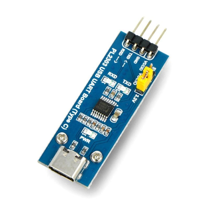 USB-C til UART TTL-konverter med synlig USB-C-kontakt og valbar spenningsbryter