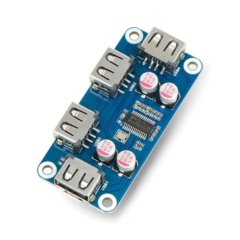 USB-hub med fire USB-porter for Raspberry Pi, vist i skrå vinkel