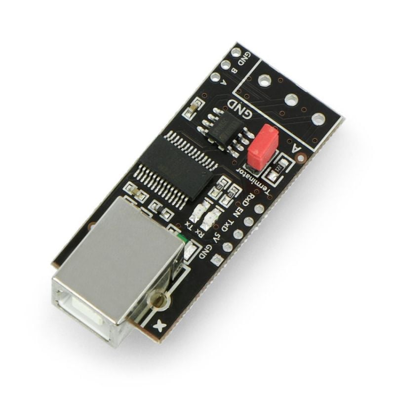 USB til RS485-omformer med USB-B-kontakt og synlige kretskomponenter