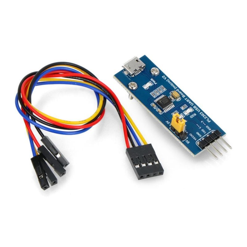 USB-UART TTL-omformer med microUSB-kontakt og medfølgende ledninger med dupontkontakter