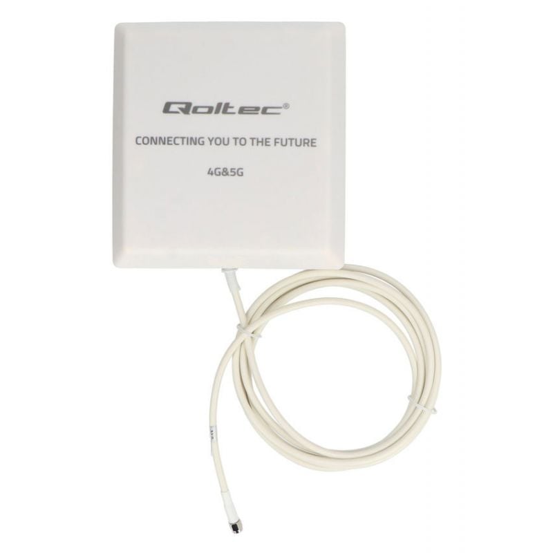 Qoltec utend&oslash;rsantenne for 4G og 5G LTE vist forfra med tilkoblet kabel