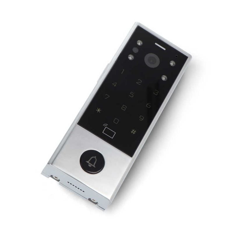WiFi-videodørtelefon med synlig kamera, numerisk tastatur, RFID-symbol og ringeknapp