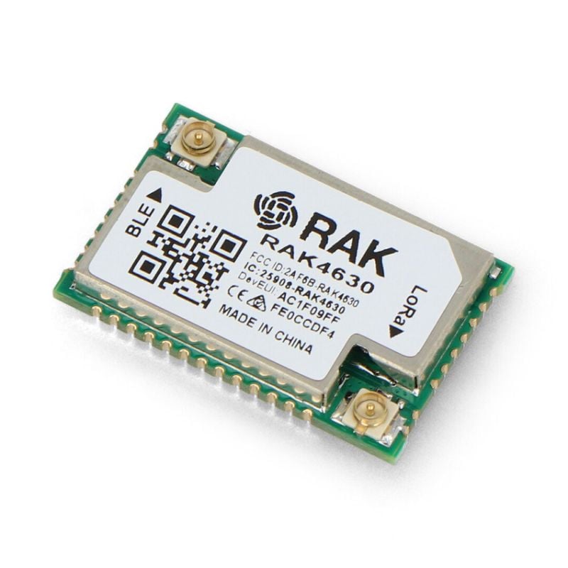 WisBlock LPWAN-modul med RAK4630-brikke og to antennekontakter, vist i vinkel
