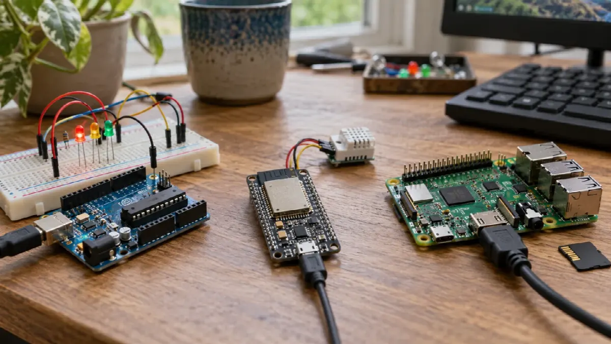 Tre generiske plattformer for Arduino, ESP32 og liten Linux-datamaskin på en makerpult