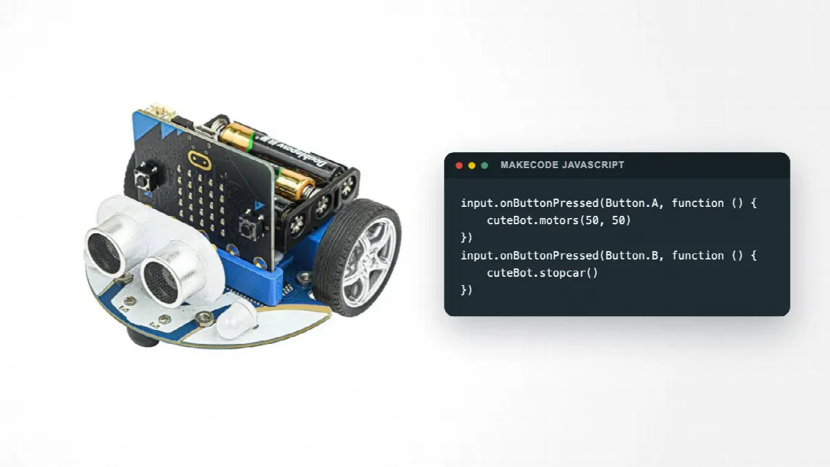Cutebot-robotbil med micro:bit og ultralydsensor ved siden av MakeCode JavaScript som starter og stopper motorene