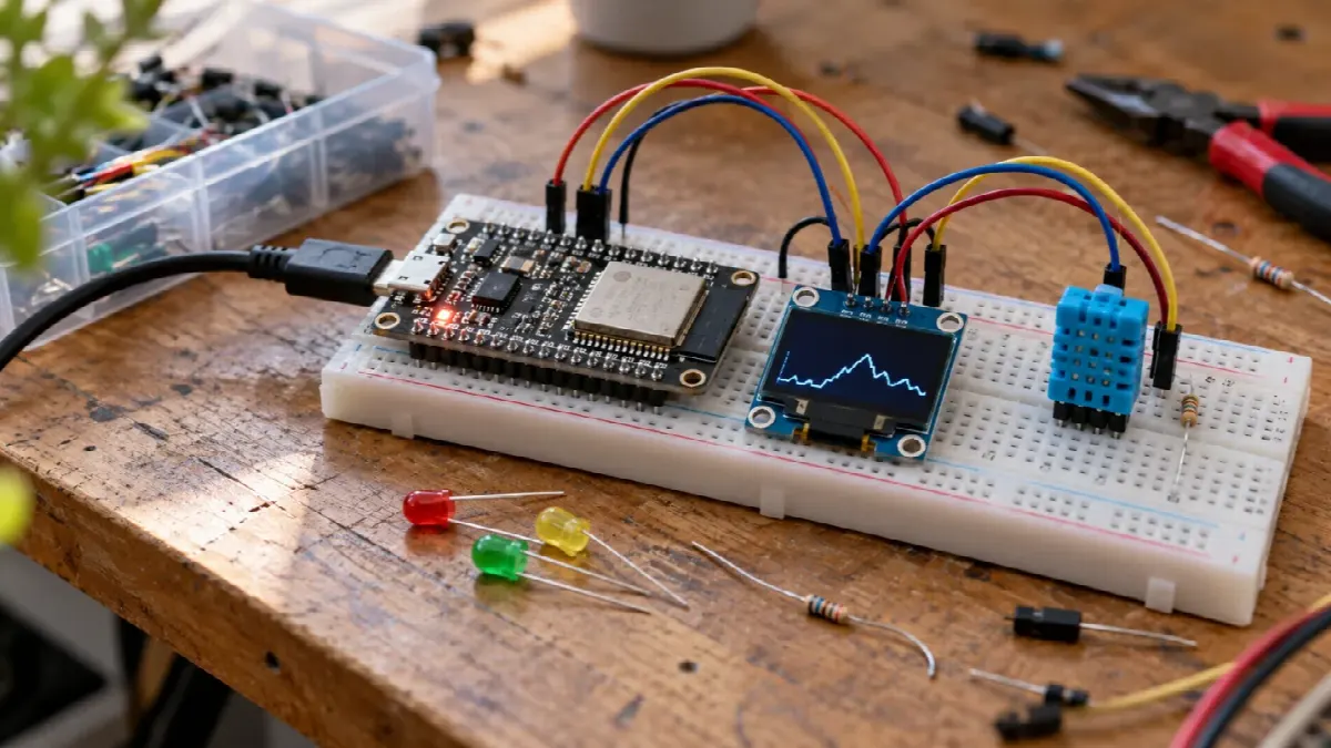 ESP32-utviklingskort på breadboard med sensor og OLED-skjerm