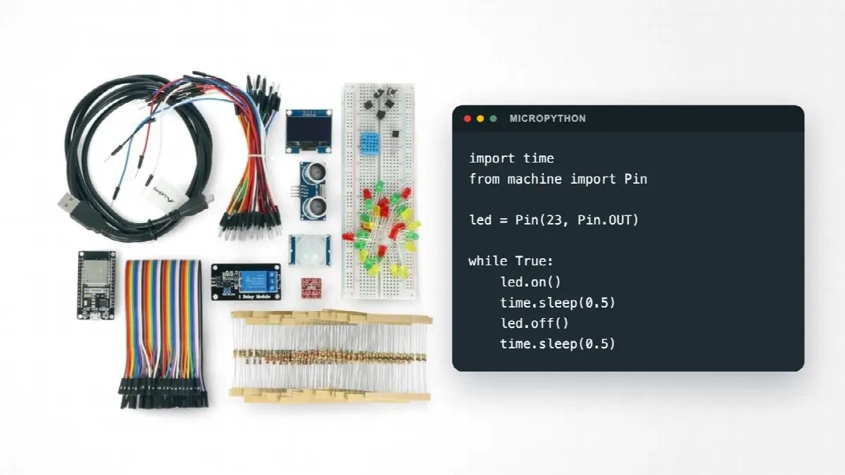 ESP32-startsett med utviklingskort, sensorer, OLED-skjerm og ledninger ved siden av MicroPython-kode som får en LED på GPIO 23 til å blinke