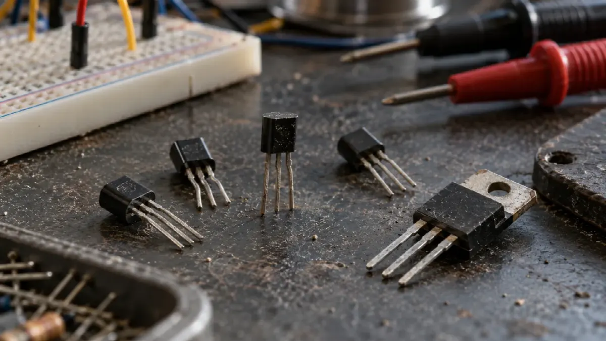 Små TO-92-transistorer og en effekt-MOSFET ved et breadboard og multimeter