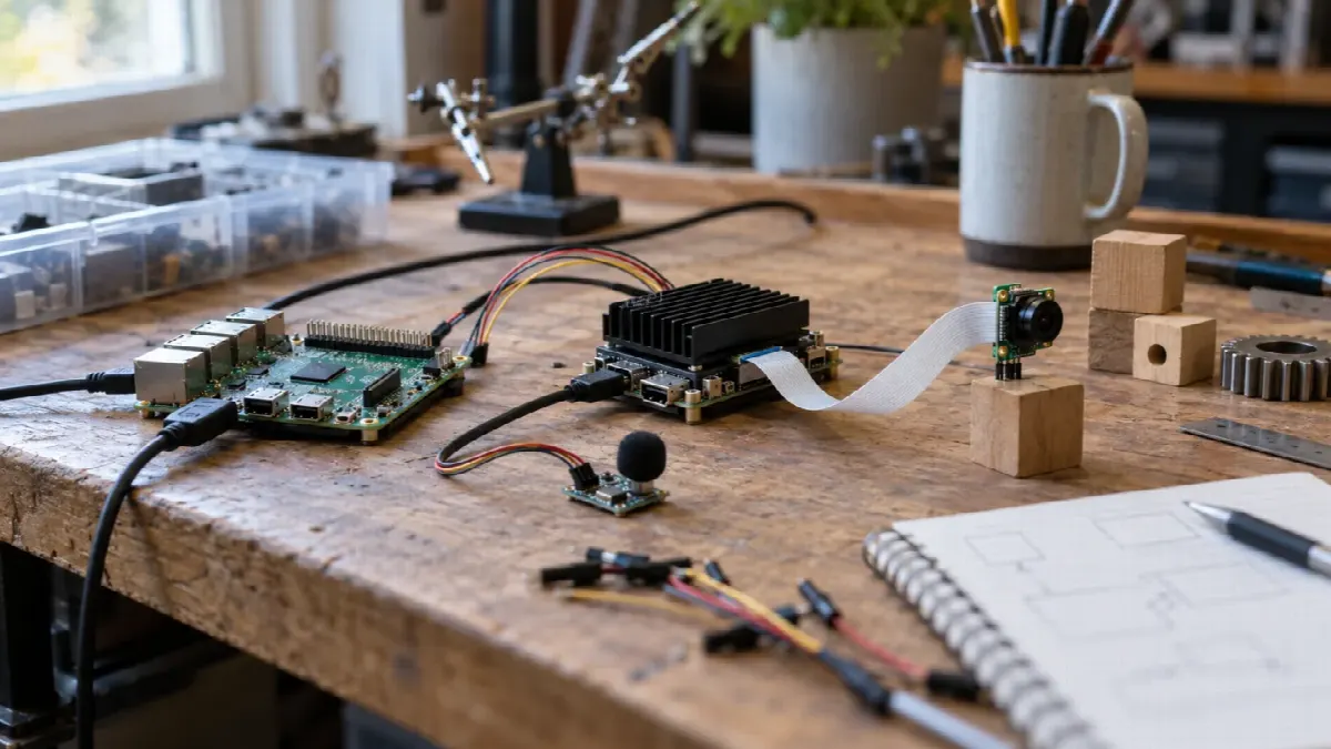 Raspberry Pi-lignende kort, edge AI-maskin, kamera og mikrofon på arbeidsbenk