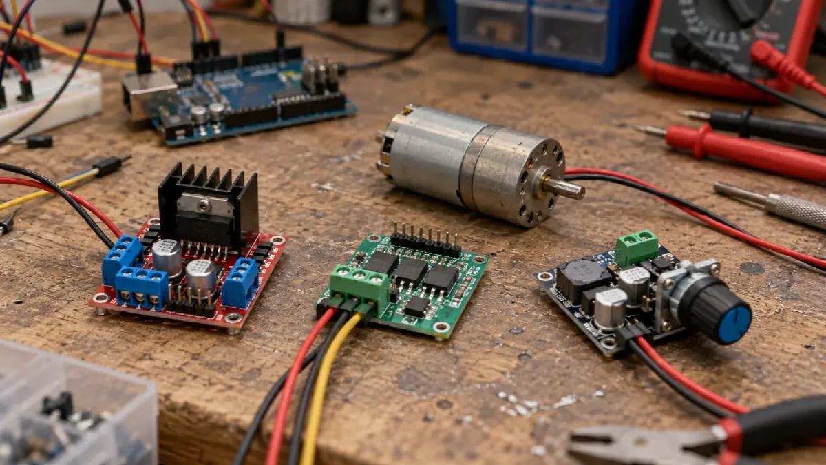 DC-motor med generisk H-bro, MOSFET-driver og PWM-regulator på en brukt elektronikkbenk