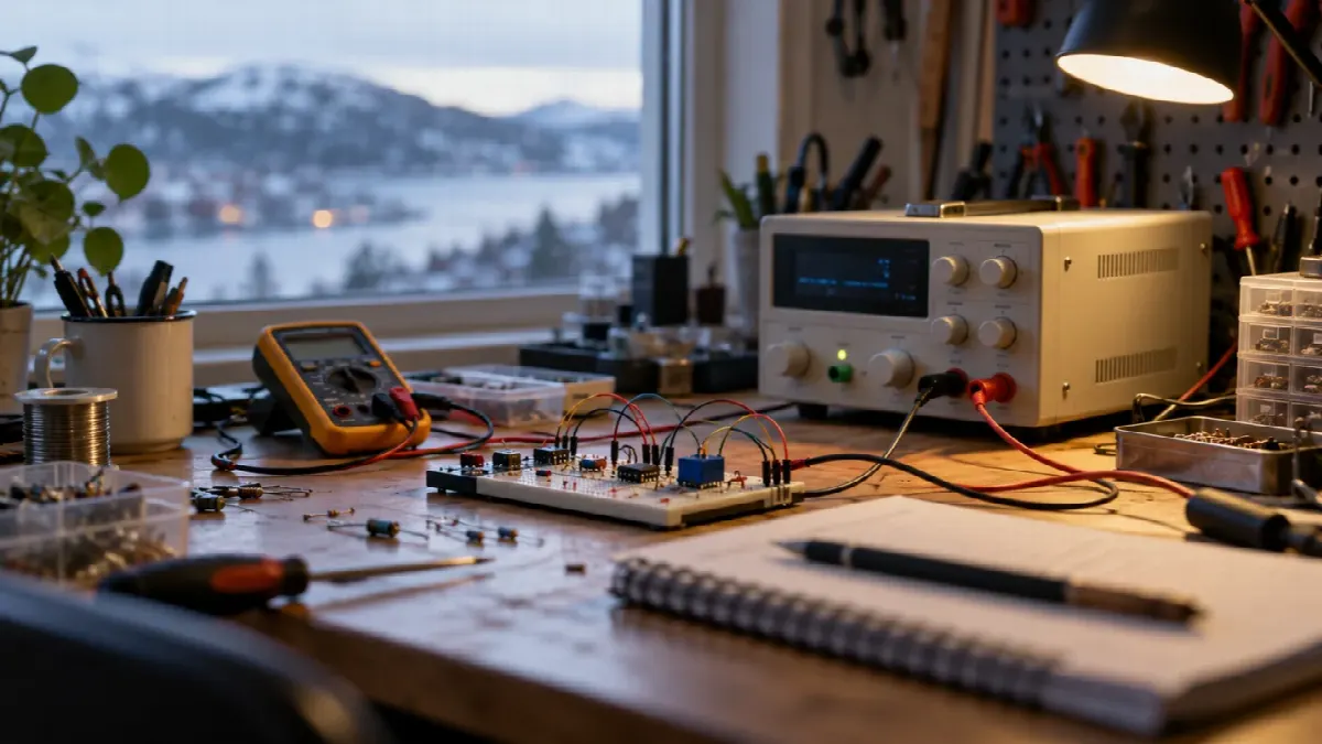 Laboratoriestrømforsyning, multimeter og breadboard på en brukt elektronikkbenk