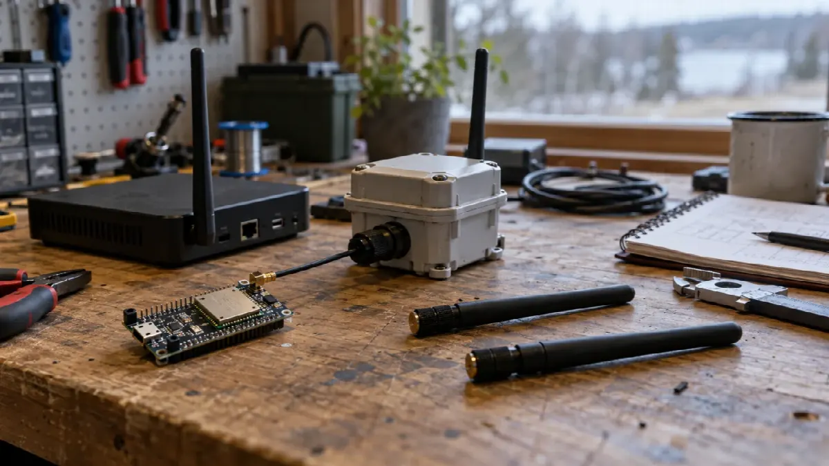 LoRa-gateway, utendørs node, antenner og utviklingskort på arbeidsbenk