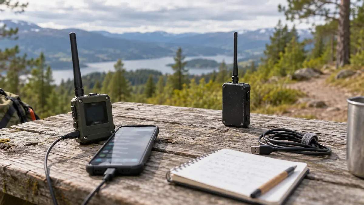 To generiske Meshtastic-noder med antenner, telefon og notatbok under en felttest i norsk natur