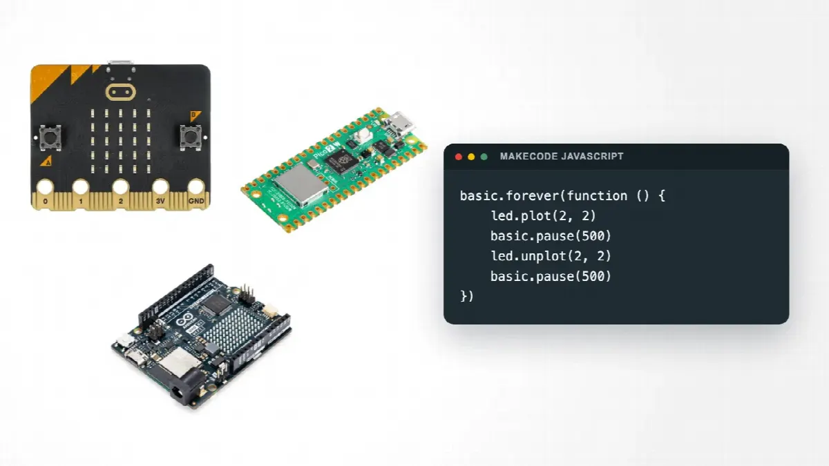 micro:bit V2, Raspberry Pi Pico 2 W og Arduino Uno R4 WiFi ved siden av et lite MakeCode-program som får en LED til å blinke