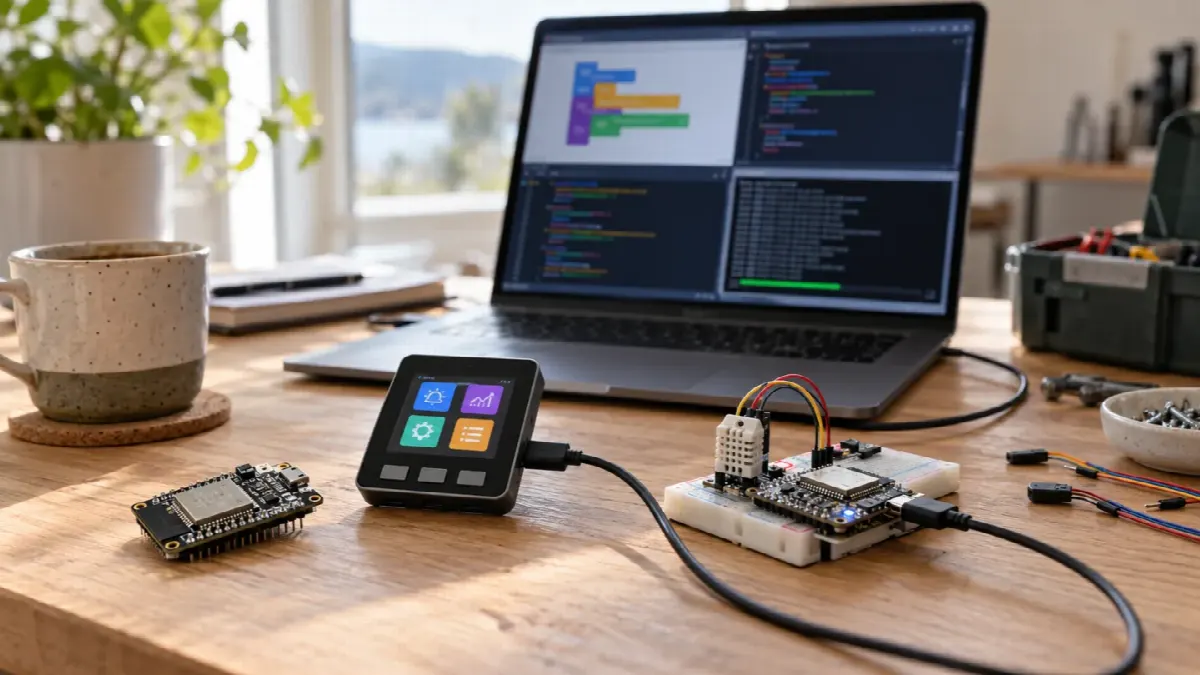 ESP32- og M5Stack-lignende kort foran utviklingsmiljø med blokker og kode