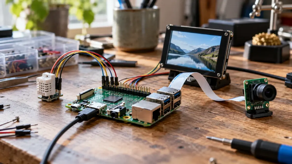Raspberry Pi-kort med sensorer, skjerm og elektronikkprosjekter