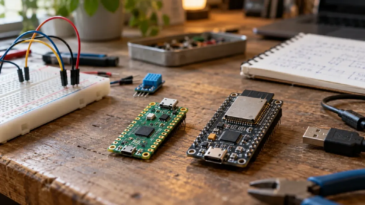 To generiske mikrokontrollerkort med breadboard, sensor og USB-kabler på arbeidsbenk