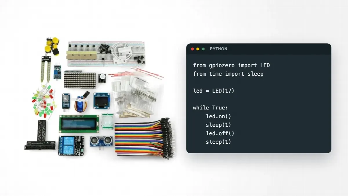 Prototypesett for Raspberry Pi med koblingsbrett, sensorer og skjerm ved siden av Python-kode med gpiozero som får en LED til å blinke