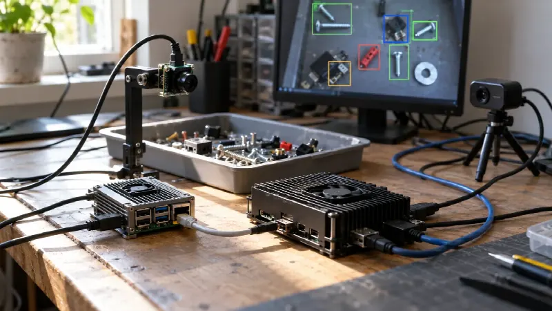Edge AI-maskiner og kamera som teller elektronikkdeler på en arbeidsbenk