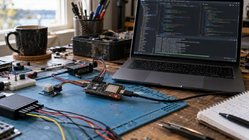ESP32-S3-kort, debugverktøy og kodeeditor på en elektronikkbenk