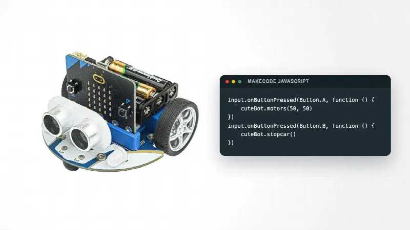 Cutebot-robotbil med micro:bit og ultralydsensor ved siden av MakeCode JavaScript som starter og stopper motorene