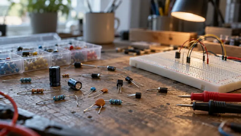 Resistorer, kondensatorer, dioder og transistorer på en brukt elektronikkbenk