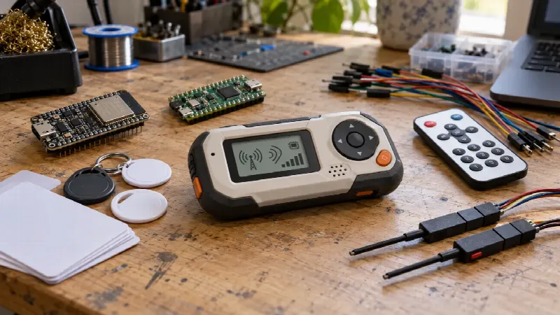Håndholdt elektronikkverktøy med NFC-brikker, utviklingskort og måleprober på arbeidsbenk
