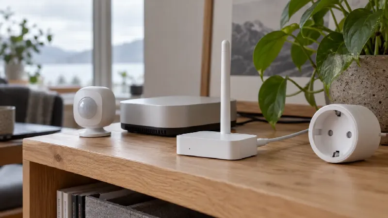Generisk Zigbee- og Thread-radio med smarthushub, bevegelsessensor og smartplugg på en trehylle