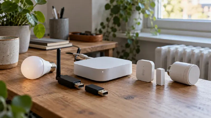 Lokal Home Assistant-hub koblet til Zigbee, Thread og Z-Wave-enheter