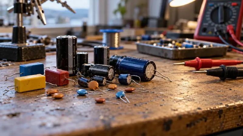 Elektrolytt- og keramiske kondensatorer med måleprober på arbeidsbenk