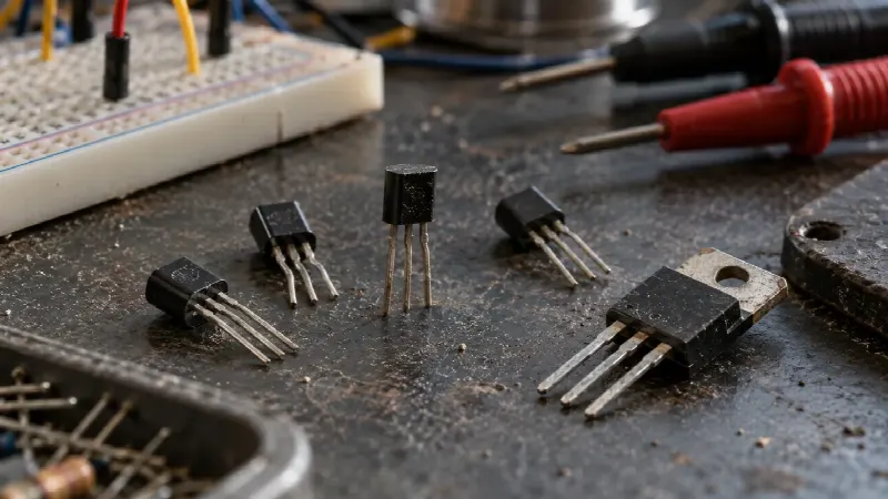 Små TO-92-transistorer og en effekt-MOSFET ved et breadboard og multimeter