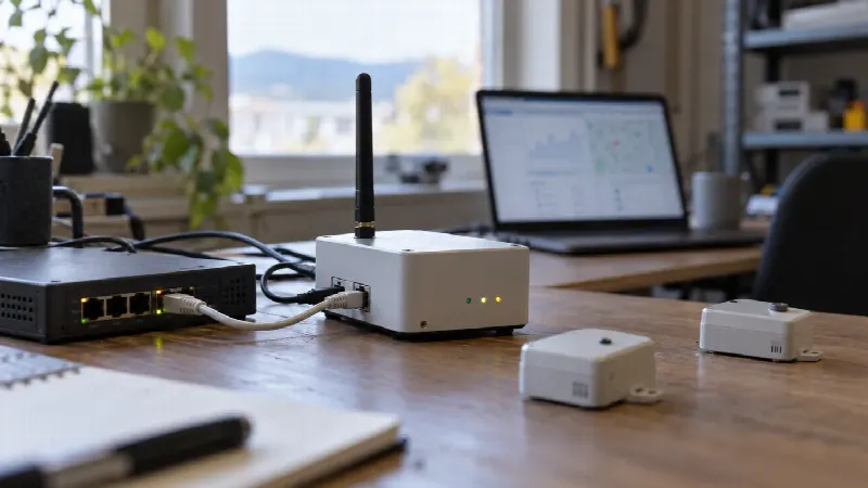 Generisk LoRaWAN-gateway med antenne, Ethernet, sensornoder og uskarpt dashboard i bakgrunnen