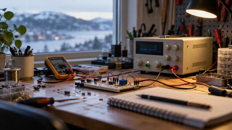Laboratoriestrømforsyning, multimeter og breadboard på en brukt elektronikkbenk