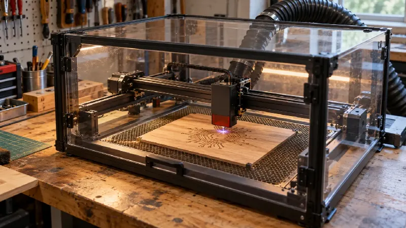 Kompakt lasergraver som arbeider på treplate i et ryddig verksted