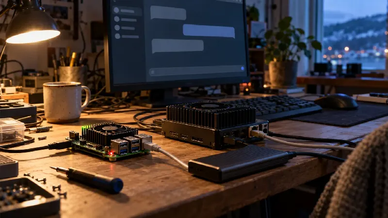 Raspberry Pi-lignende kort og edge AI-maskin som kjører lokal språkmodell