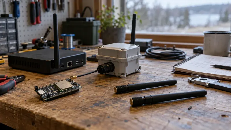 LoRa-gateway, utendørs node, antenner og utviklingskort på arbeidsbenk