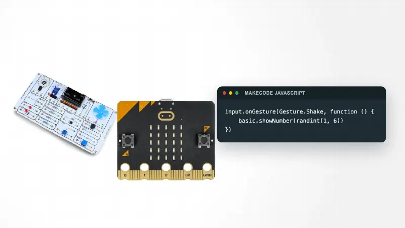 Eksperimentsett for micro:bit og et micro:bit V2-kort ved siden av MakeCode-koden til en terning du kaster ved å riste kortet