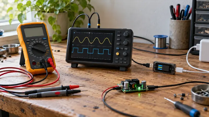 Multimeter, oscilloskop og USB-tester koblet til lavspenningselektronikk